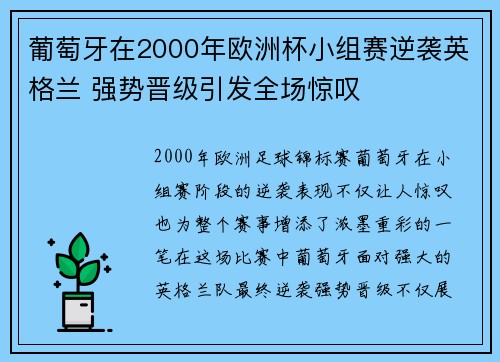 葡萄牙在2000年欧洲杯小组赛逆袭英格兰 强势晋级引发全场惊叹