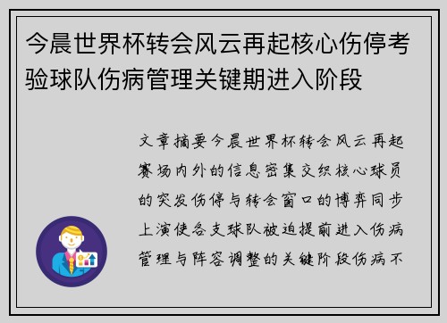 今晨世界杯转会风云再起核心伤停考验球队伤病管理关键期进入阶段 今晨世界杯转会风云再起核心伤停考验球队伤病管理关键期进入阶段