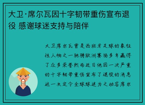 大卫·席尔瓦因十字韧带重伤宣布退役 感谢球迷支持与陪伴 大卫·席尔瓦因十字韧带重伤宣布退役 感谢球迷支持与陪伴